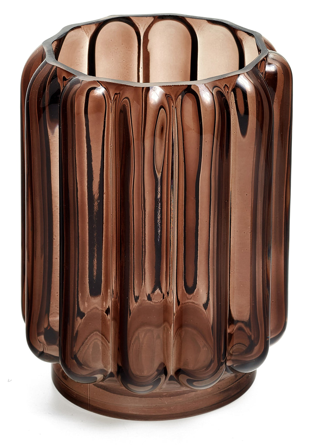 Smoked Brown Glass cylinder vase with ribbed pattern
