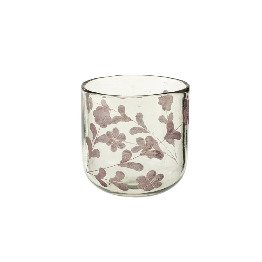 glass vase vessel with etched flower design hand blown glass