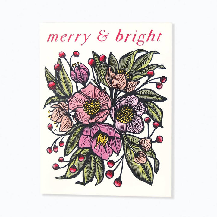 'Merry & Bright' Vintage Style Linocut Holiday Card