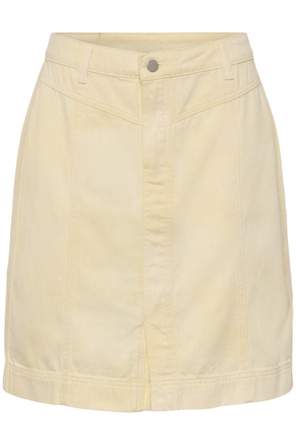 Lorra Lemon yellow skirt by Cream, showcasing a knee length design with a comfortable waistband and faded lemon yellow cotton fabric.