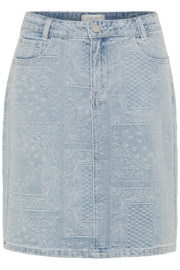 Cream Lucy Light Wash Denim Skirt, high-waisted casual knee length skirt with front pockets and embroidered detailing, made from soft cotton denim fabric.