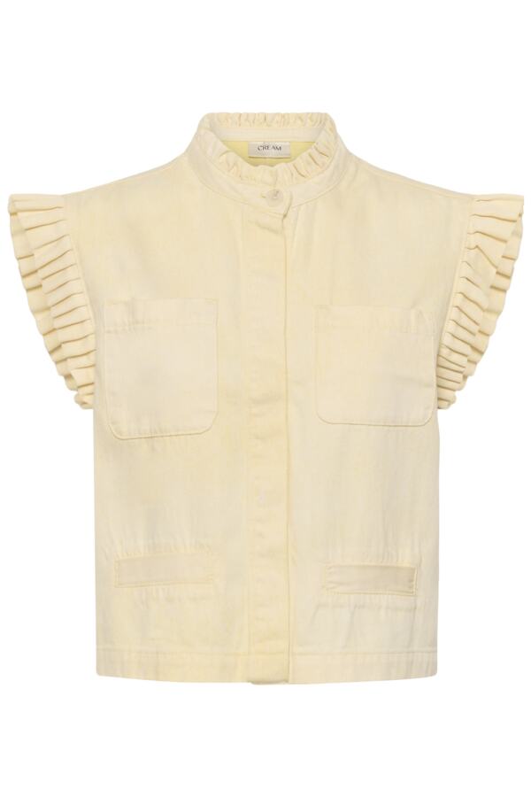 Cream Lorra waistcoat vest featuring tailored fit, button closure, and stylish ruffle design, ideal for adding a fun layer to summer outfits.