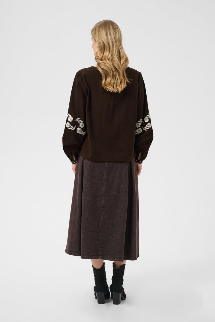Cream Patulie Folk Embroidered Blouse with colorful traditional embroidery, long sleeves, and a relaxed fit.