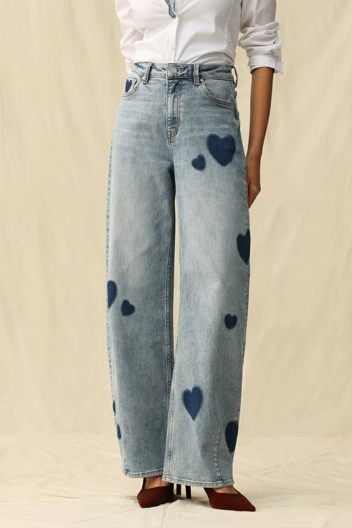 Bayeas Rosalind heart print high-rise barrel jeans featuring a stylish heart pattern and modern denim silhouette.