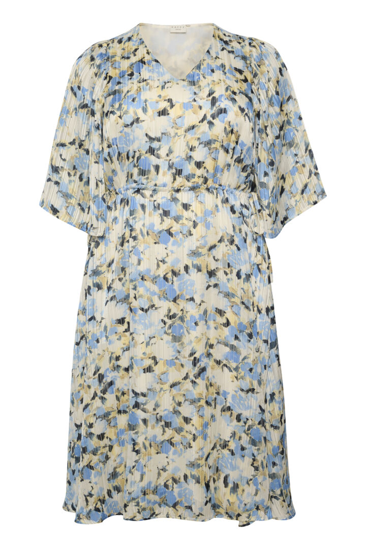 Women’s plus size midi length dress bell sleeve a line soft pleating V neck tie at waist blue yellow and cream floral print special occasion formal dress 