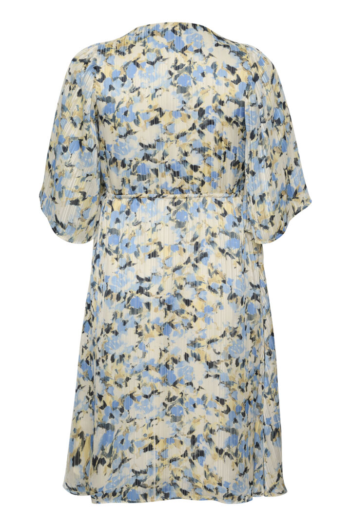 Women’s plus size midi length dress bell sleeve a line soft pleating V neck tie at waist blue yellow and cream floral print special occasion formal dress 