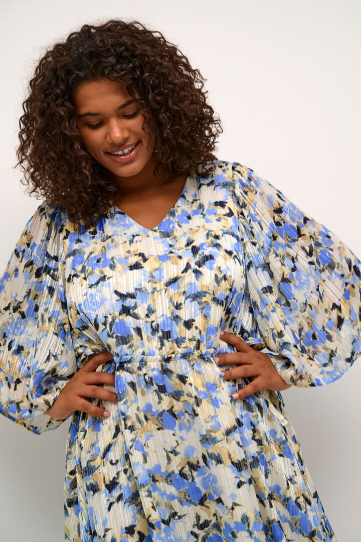 Women’s plus size midi length dress bell sleeve a line soft pleating V neck tie at waist blue yellow and cream floral print special occasion formal dress 