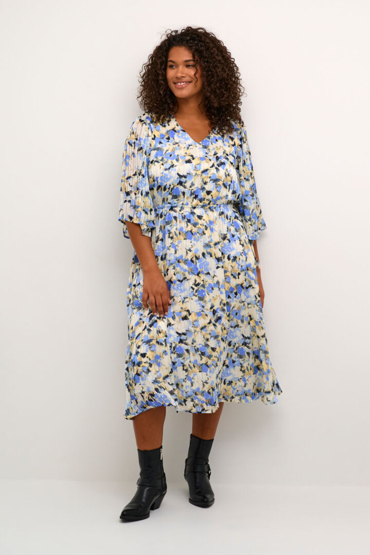 Women’s plus size midi length dress bell sleeve a line soft pleating V neck tie at waist blue yellow and cream floral print special occasion formal dress 