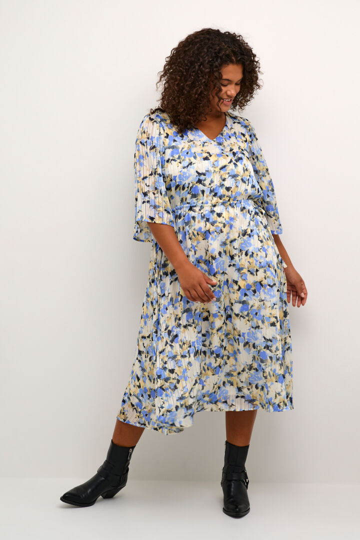 Women’s plus size midi length dress bell sleeve a line soft pleating V neck tie at waist blue yellow and cream floral print special occasion formal dress 
