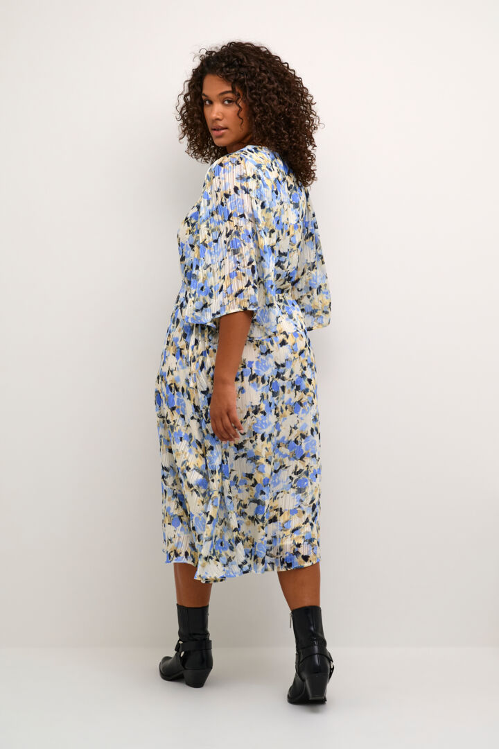 Women’s plus size midi length dress bell sleeve a line soft pleating V neck tie at waist blue yellow and cream floral print special occasion formal dress 