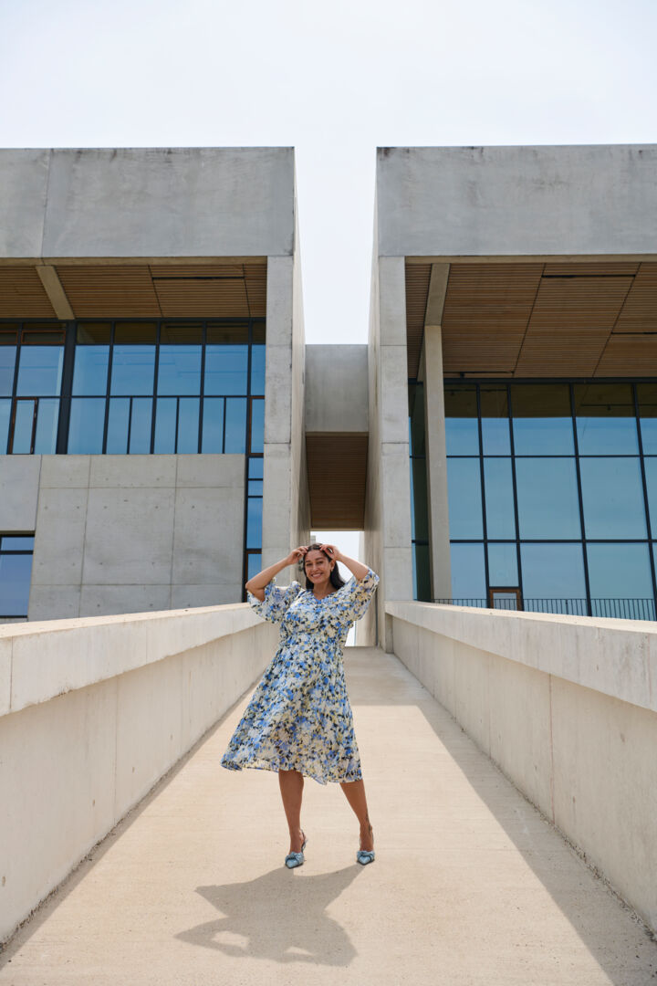 Women’s plus size midi length dress bell sleeve a line soft pleating V neck tie at waist blue yellow and cream floral print special occasion formal dress 