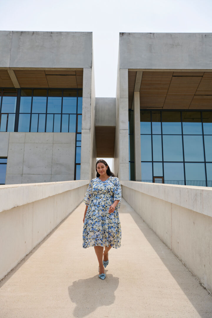 Women’s plus size midi length dress bell sleeve a line soft pleating V neck tie at waist blue yellow and cream floral print special occasion formal dress 