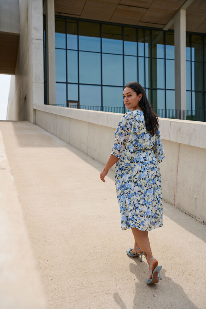 Women’s plus size midi length dress bell sleeve a line soft pleating V neck tie at waist blue yellow and cream floral print special occasion formal dress 