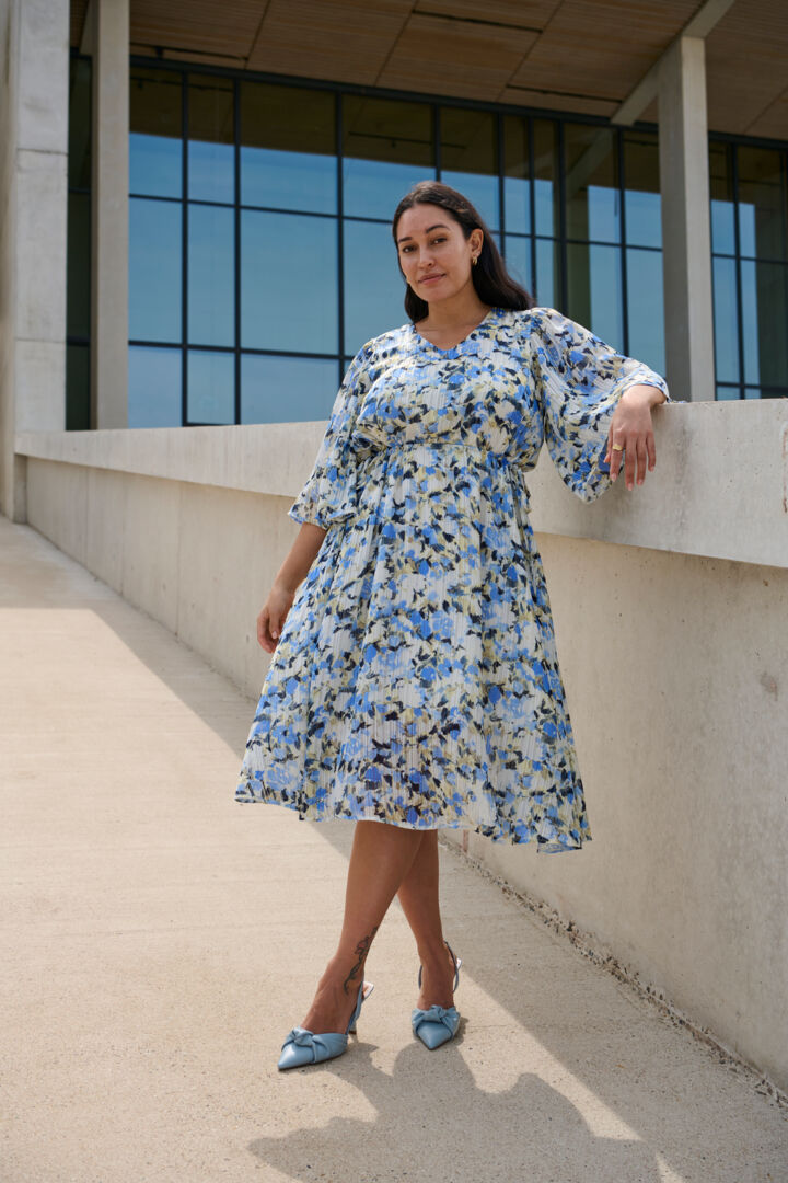 Women’s plus size midi length dress bell sleeve a line soft pleating V neck tie at waist blue yellow and cream floral print special occasion formal dress 