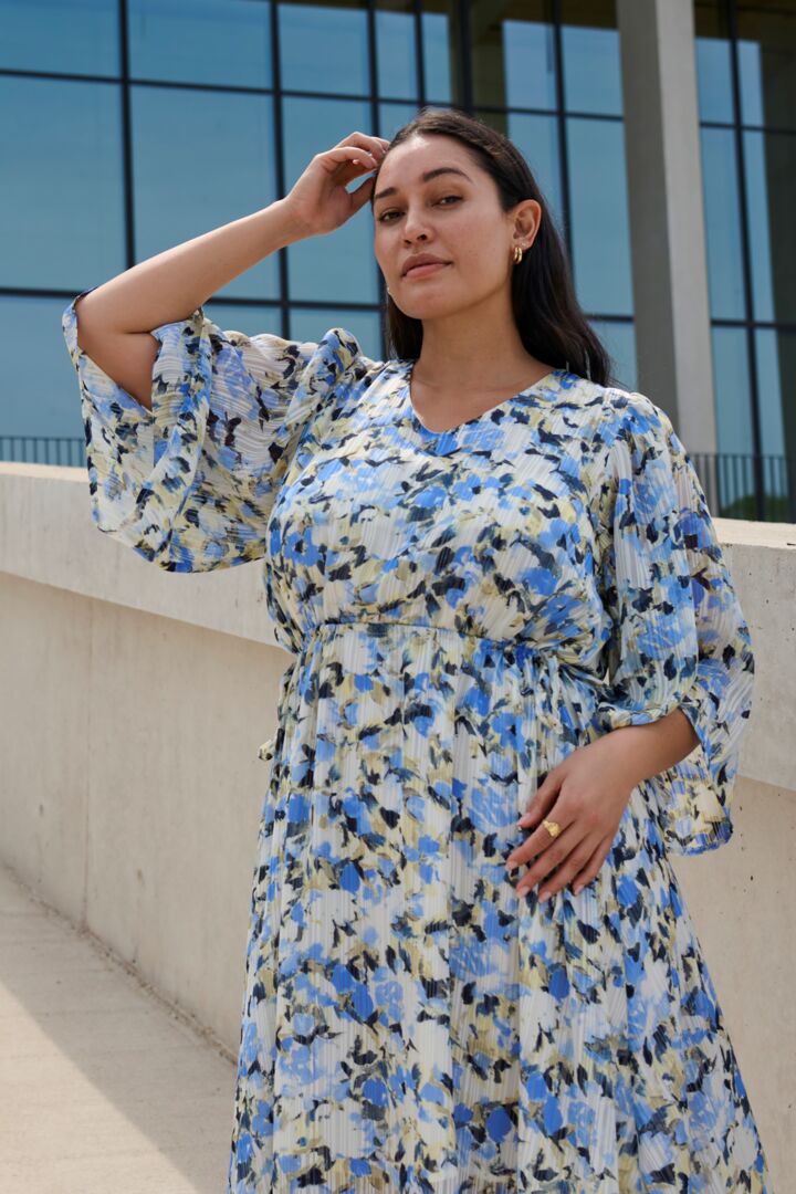 Women’s plus size midi length dress bell sleeve a line soft pleating V neck tie at waist blue yellow and cream floral print special occasion formal dress 