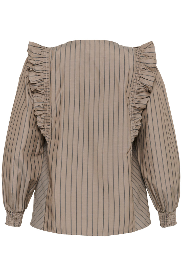 Striped blouse with ruffled sleeves on a white background