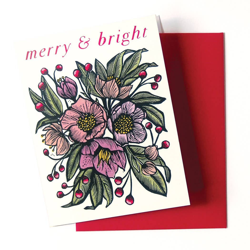 'Merry & Bright' Vintage Style Linocut Holiday Card