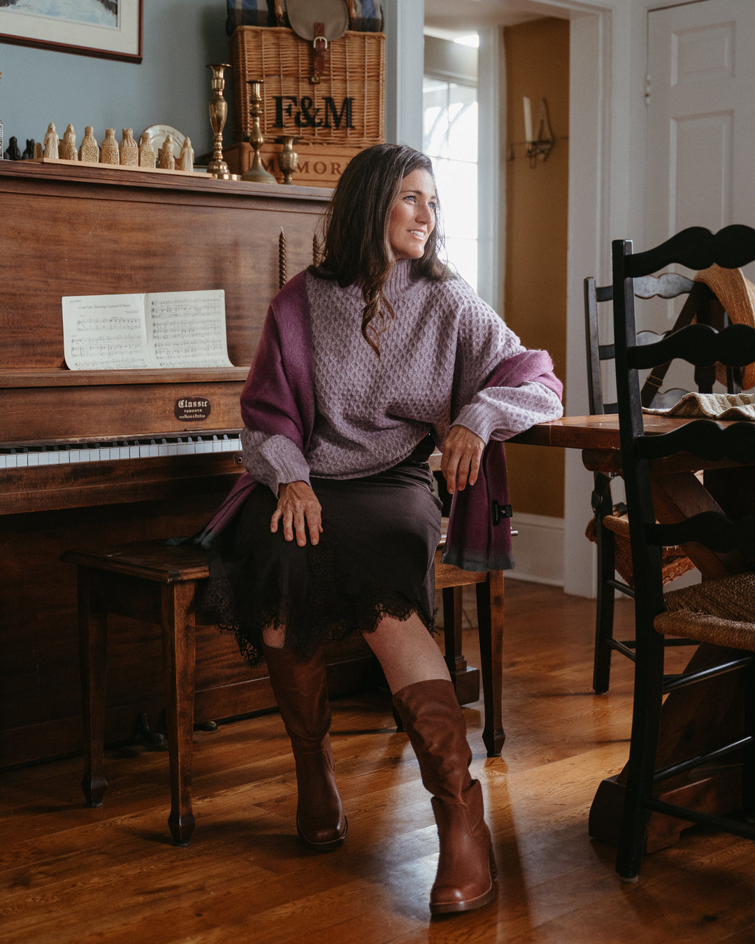 Molly Bracken Oh My Mauve Slip Neck Knit Sweater in soft mauve, featuring a cozy knit texture and relaxed fit.