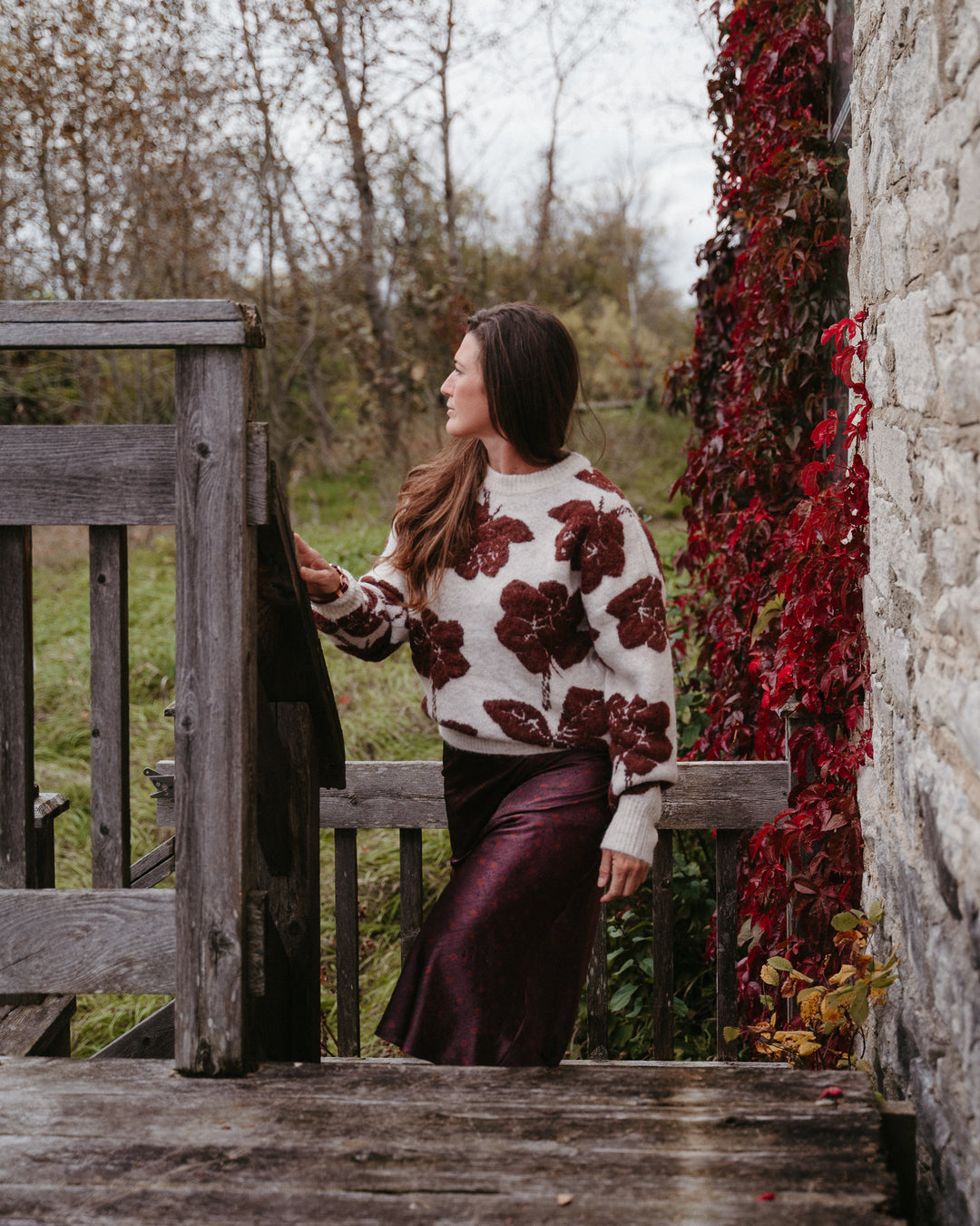 B.Young floral knit sweater featuring colorful mandala floral pattern, long sleeves, and cozy knit fabric.