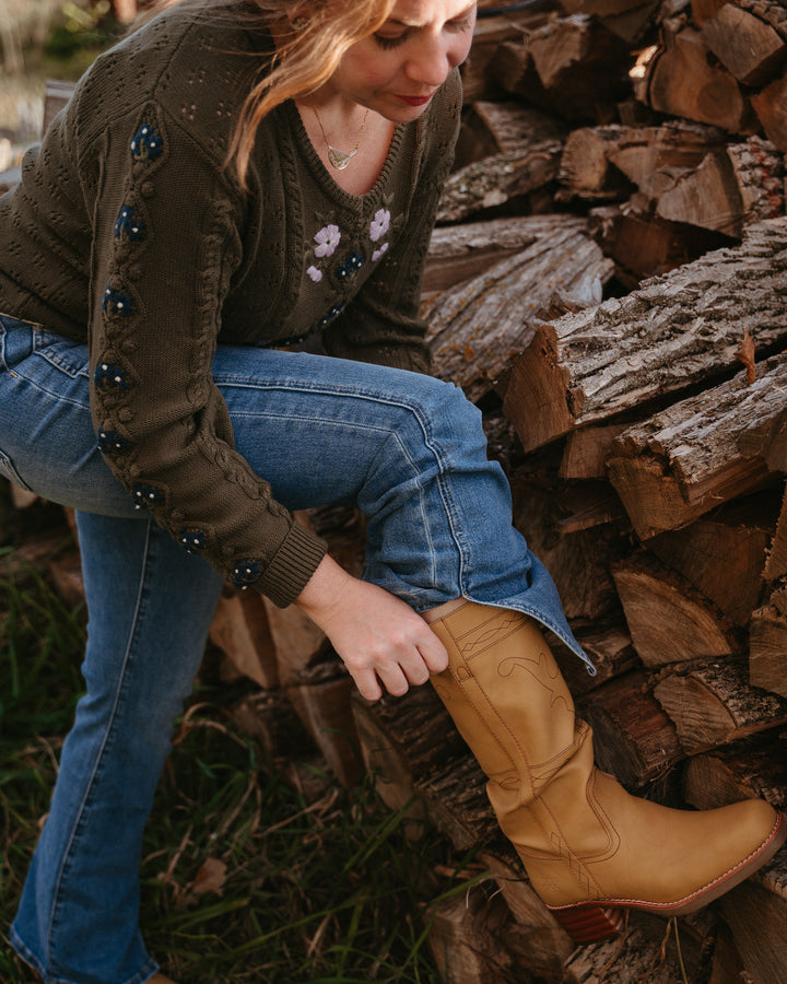 Frye and Co. Miranda Bridle Boot in Palomino leather, showcasing a stylish ankle boot with buckles and stitching details.