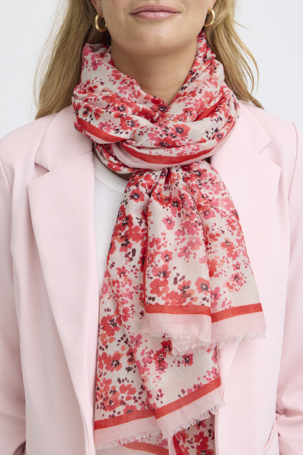 FRANSA Sanni floral scarf featuring vibrant flower patterns and lightweight fabric for stylish, versatile wear.