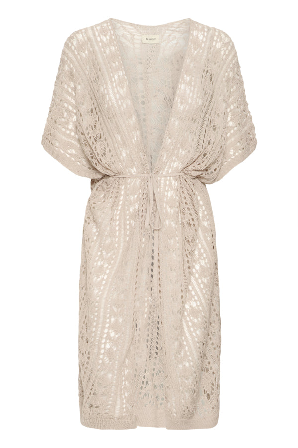 Fransa Fiona Knit Coverup Cardi, soft beige cardigan with short sleeves and open front, perfect for layering and casual wear.