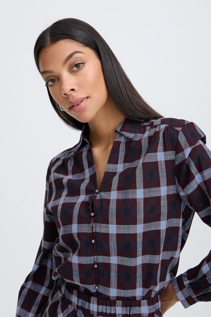 Flanny Plaid Check Blouse- Fig/ Navy