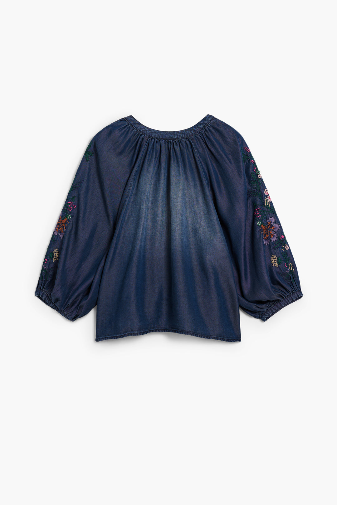 Desigual Aurora Bloom denim blouse featuring floral embroidery and a relaxed fit, shown on a hanger.