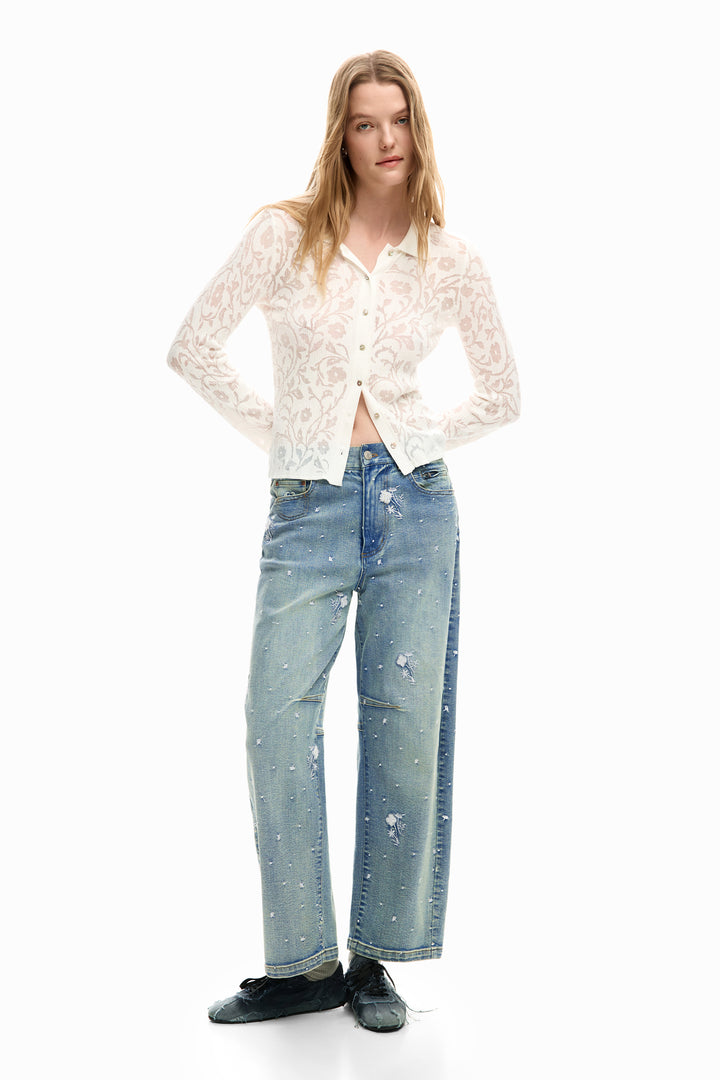 Desigual Cecilia Barrel Jeans featuring a high-waist fit, distressed details, and classic denim wash with stylish floral embroidered stitching.