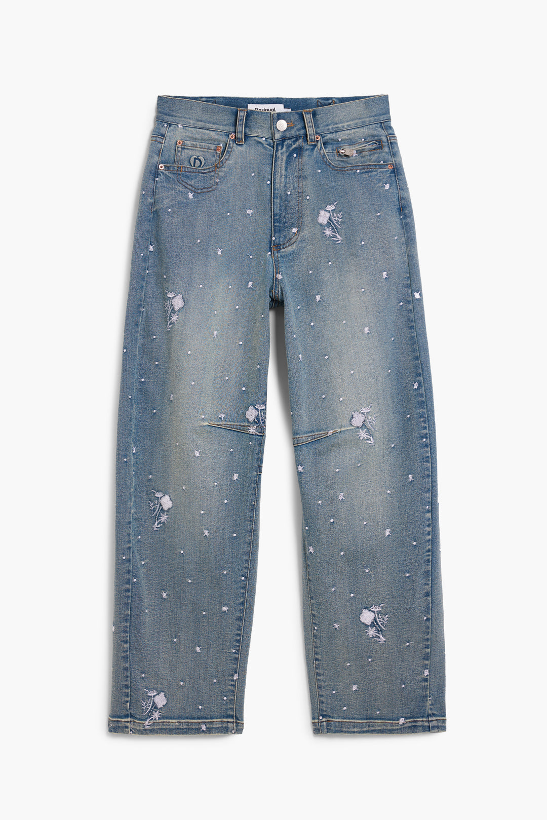 Desigual Cecilia Barrel Jeans showing fitted mid-rise denim with a classic five-pocket design and floral embroidery.