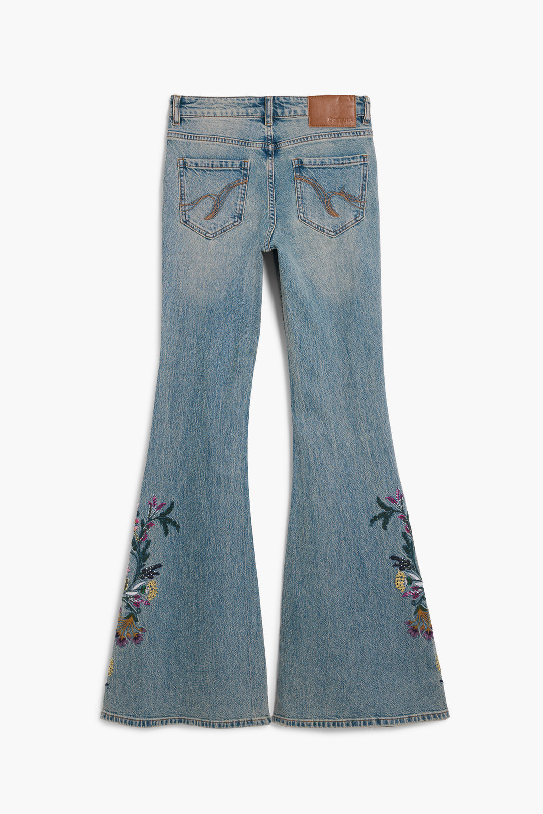 Desigual Festival Fields embroidered flare jeans with colorful floral embroidery and high-waisted fit, stylish boho denim for women.