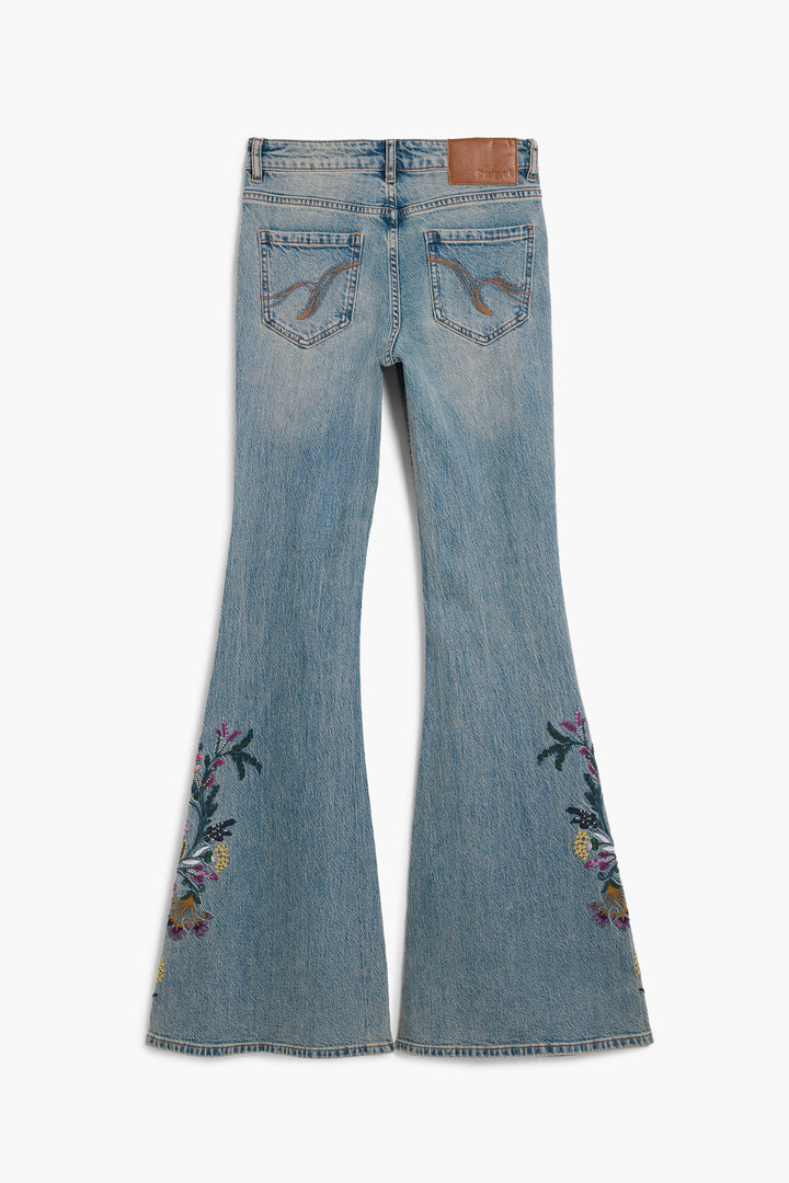 Desigual Festival Fields embroidered flare jeans with colorful floral embroidery and high-waisted fit, stylish boho denim for women.