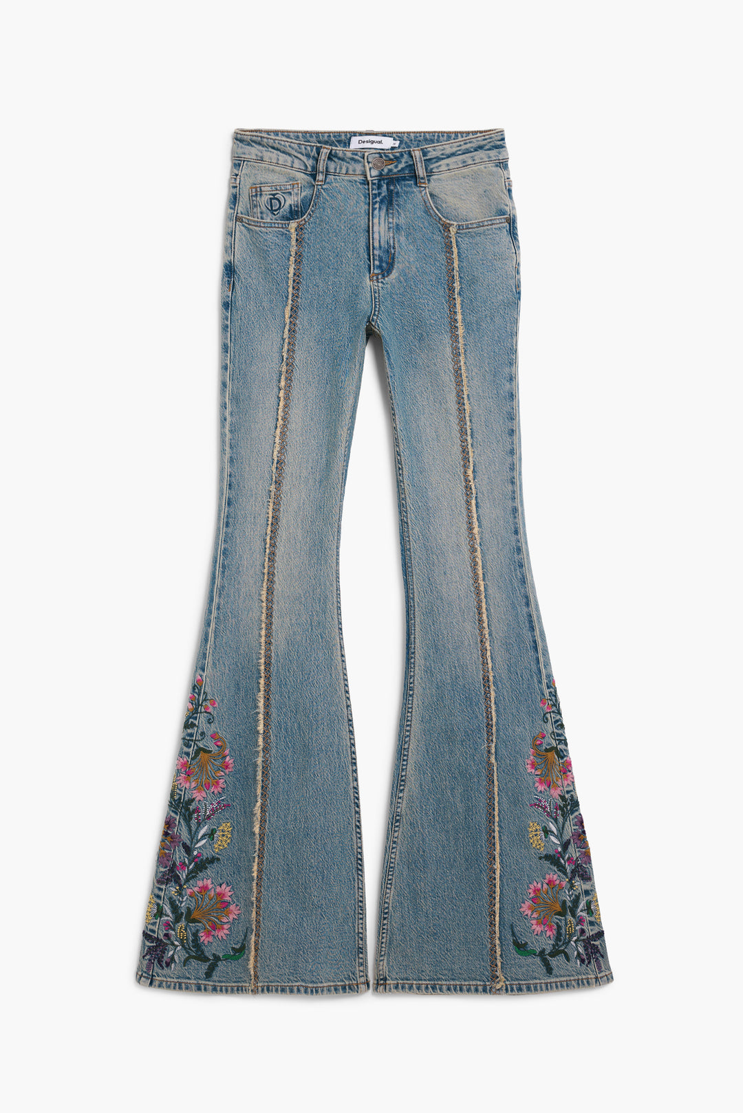 Desigual Festival Fields embroidered flare jeans with colorful floral embroidery and high-waisted fit, casual and stylish boho denim.
