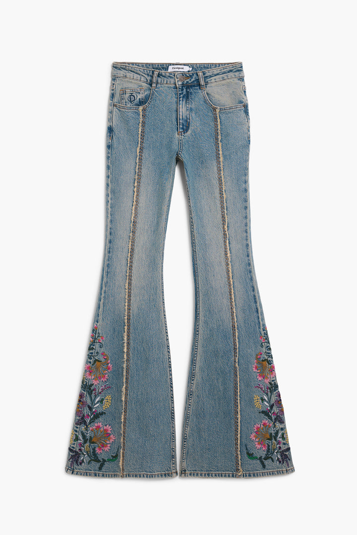 Desigual Festival Fields embroidered flare jeans with colorful floral embroidery and high-waisted fit, casual and stylish boho denim.