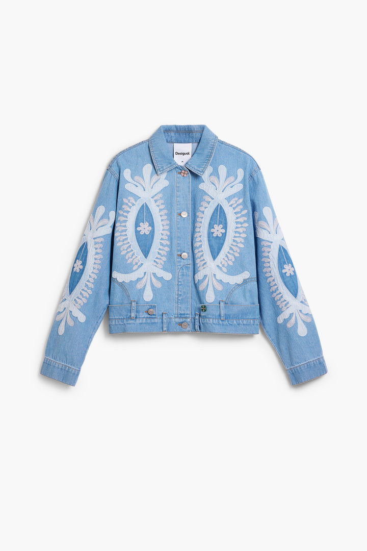Desigual Paloma embroidered denim jacket with bold design floral embroidery and classic button-front modern design.