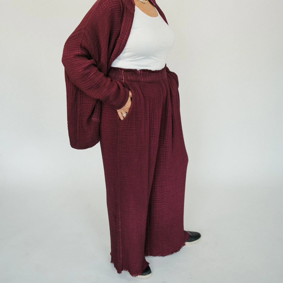 Cranberry crinkle cotton Palazzo pant by Pokoloko featuring a flowy, layered design and relaxed fit.