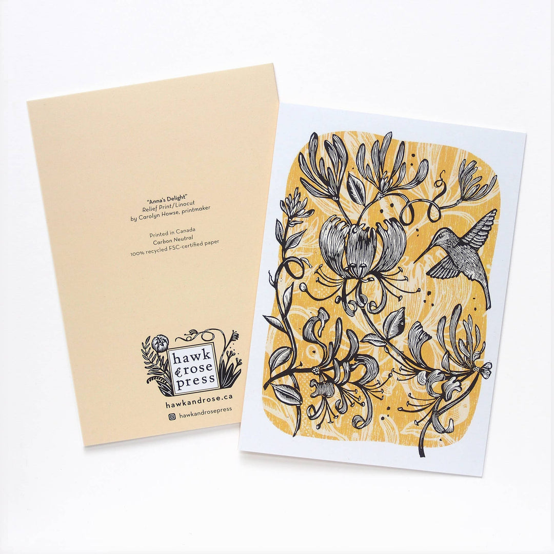 ‘Annas’ Delight’ Hummingbird Vintage Style Linocut Art Card