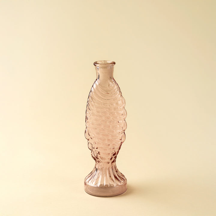 Indaba Fresh Catch Vase featuring a sleek vintage glass design with pink fish motif, ideal for coastal-themed decor.