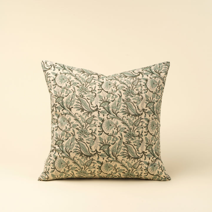 Indaba Rupi Block Print Throw Pillow with vibrant green floral patterns and soft fabric for comfortable home décor.