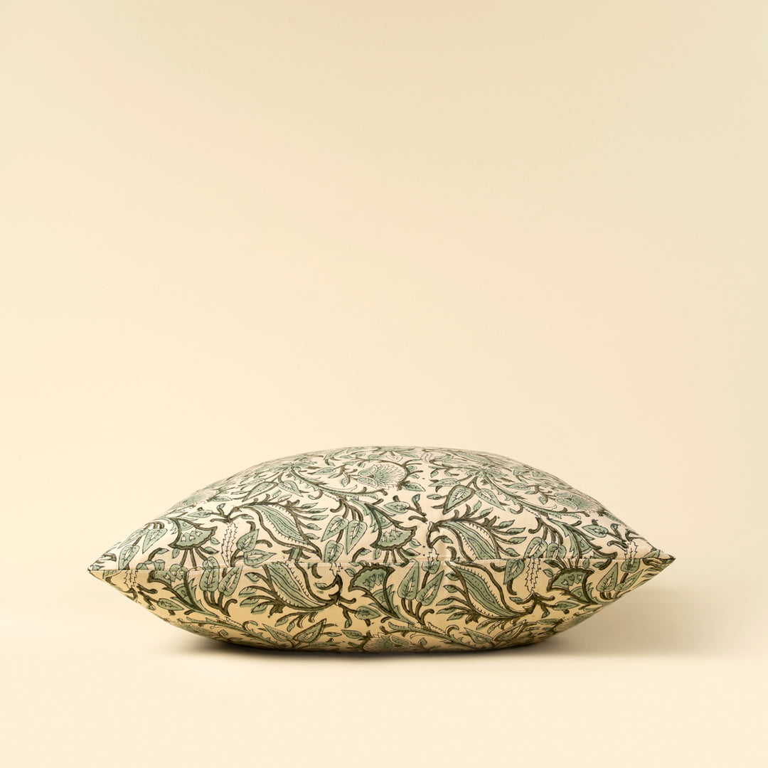 Indaba Rupi Block Print Throw Pillow with colorful green floral pattern, soft fabric, decorative home accent for sofa or bed.