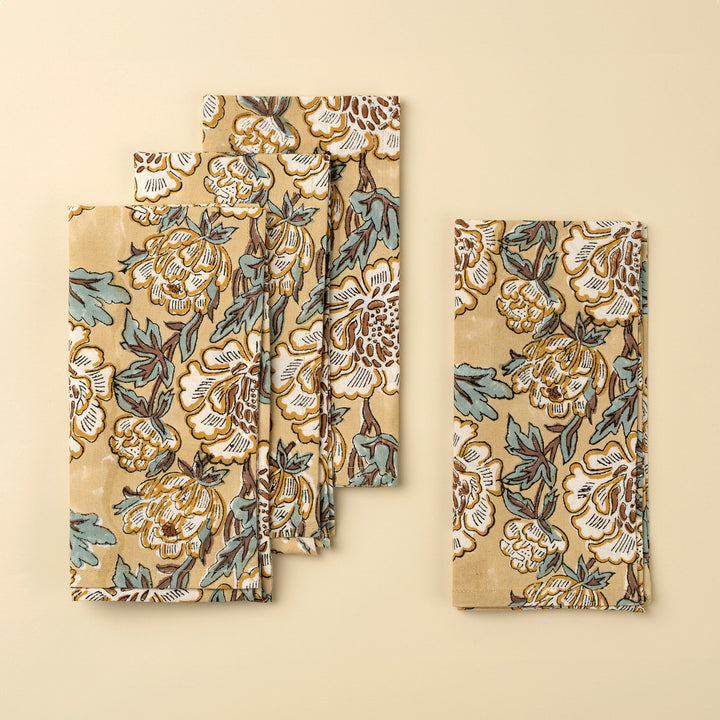 Set of four Lirien block print cotton napkins featuring vibrant, intricate floral patterns from Indaba, perfect for table settings.