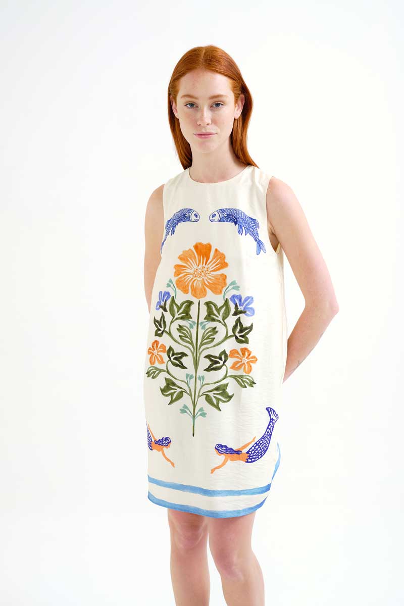Compania Fantastica Neptune’s Garden summer dress featuring sea inspired floral pattern, lightweight fabric, and sleeveless design for warm weather.