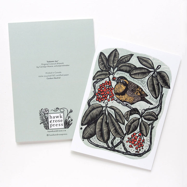 ‘Autumn Joy’ Bird and Berries Vintage Style Linocut Art Card