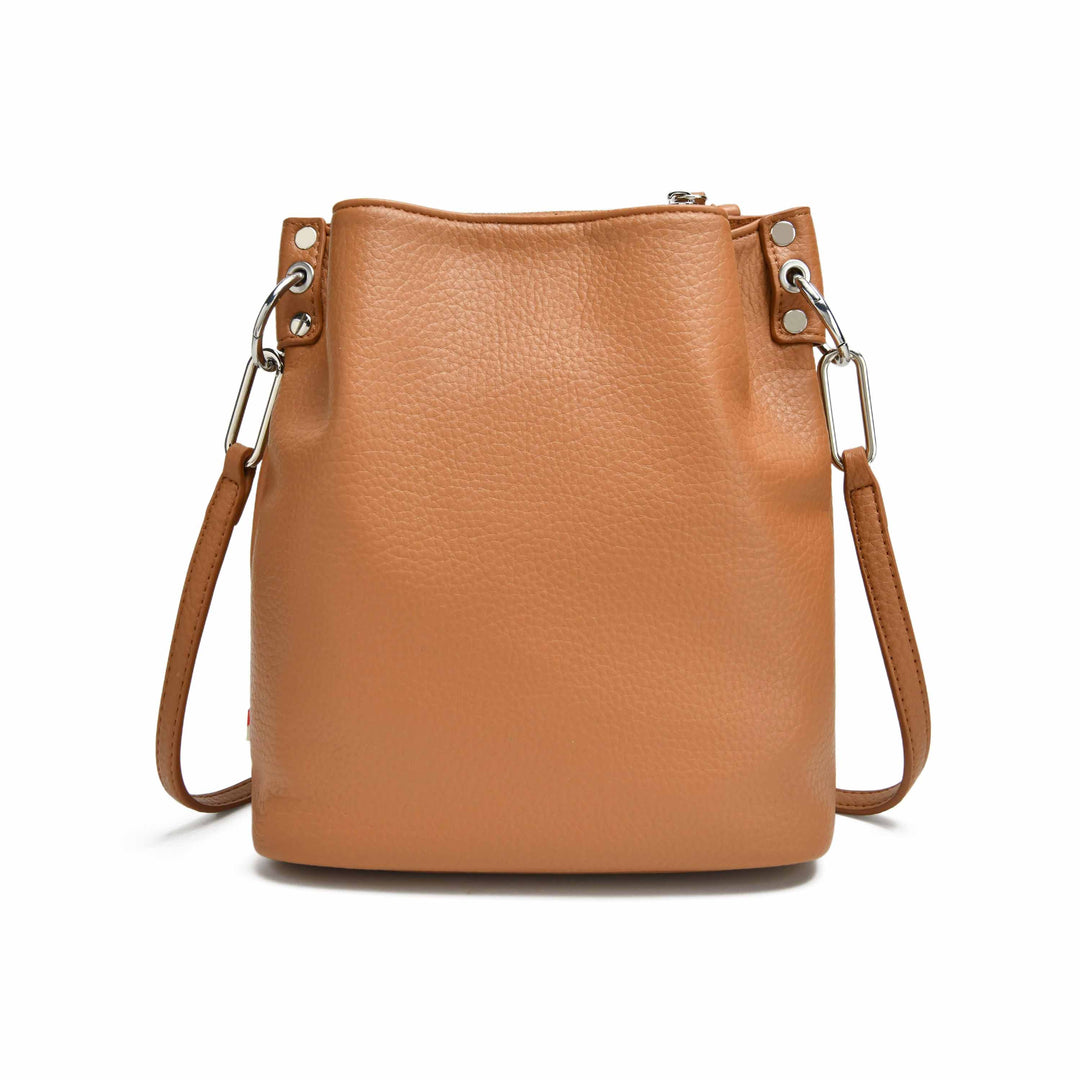 Colab Florence Bucket Bag shown in tan vegan leather with a rounded shape, adjustable shoulder strap, and stylish design.