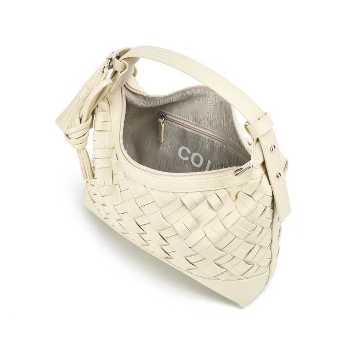 Colab Gracia shoulder and crossbody bag showing adjustable strap, stylish woven vegan leather design, and spacious interior for versatile use.