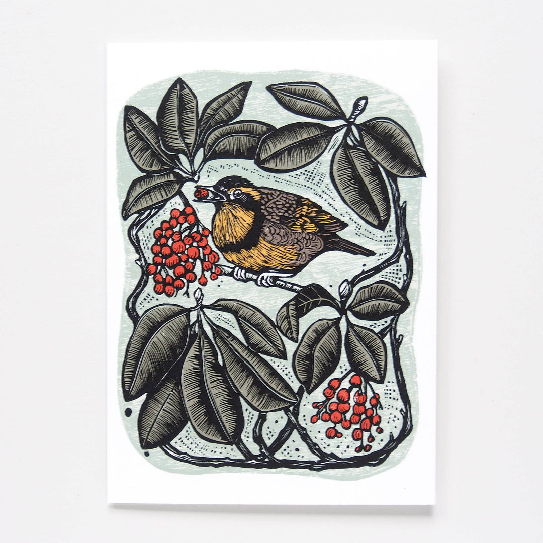 ‘Autumn Joy’ Bird and Berries Vintage Style Linocut Art Card