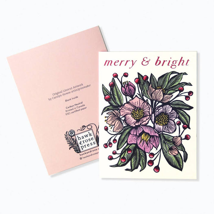 'Merry & Bright' Vintage Style Linocut Holiday Card