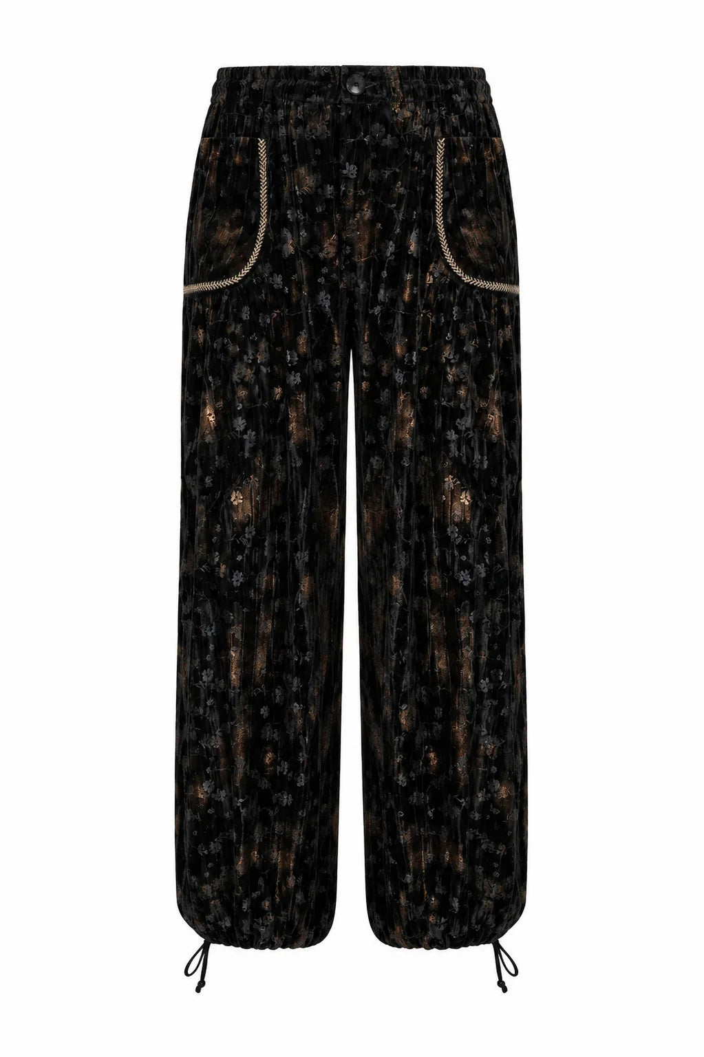 NKN Nekane Amara velvet tie cuff jogger pants in rich printed velvet fabric, featuring a relaxed fit and stylish cuff details.