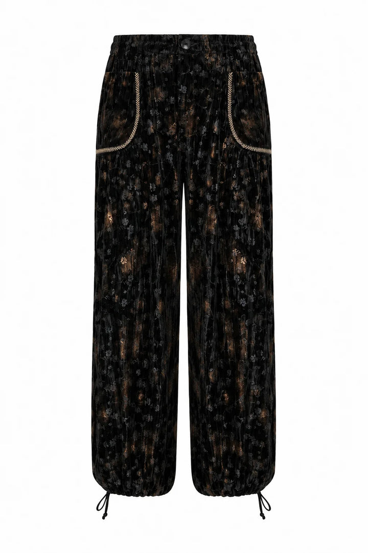 NKN Nekane Amara velvet tie cuff jogger pants in rich printed velvet fabric, featuring a relaxed fit and stylish cuff details.
