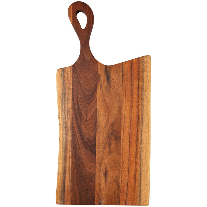 Danica acacia wood serving paddle with a smooth, polished surface and handles, ideal for serving cheese and appetizers.